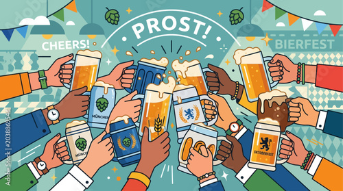 A vibrant flat design illustration capturing the communal spirit of "Prost!" with multiple hands clinking traditional Bavarian beer steins. This clean, modern vector embodies Oktoberfest camaraderie.
