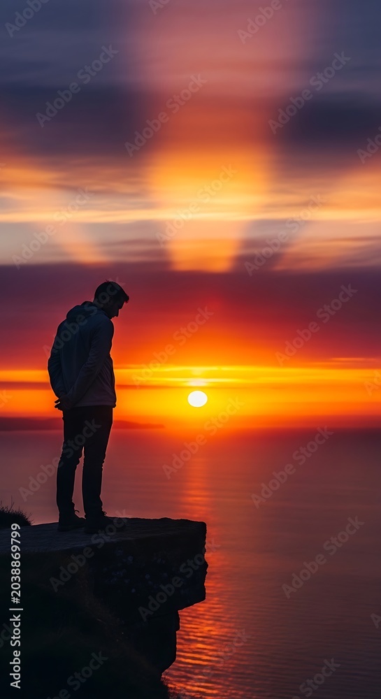 Fototapeta premium Silhouette of a person watching sunset over water horizon
