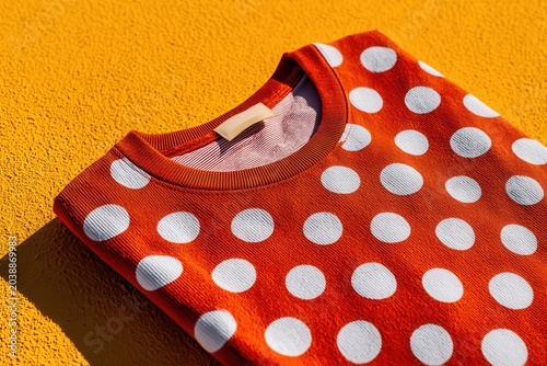 Red Polka Dot T-Shirt: A vibrant red t-shirt adorned with a classic white polka dot pattern, laid flat on a textured orange surface, casting a soft shadow.