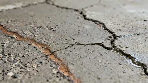 Close-up of cracked concrete pavement showing lines and water damage