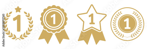 No 1 gold logo icons featuring premium award emblem and luxury badge symbols isolated on transparent background. Vector illustration.