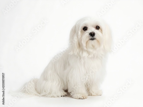 Adorable small white lap dog with a black button nose looking at the camera against bright white background