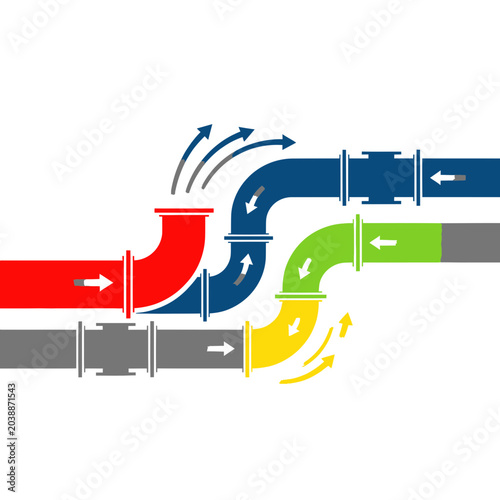 Принти на полотні Fluid Flow System: Colorful Pipes with Arrows, Flowing Liquid