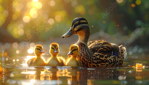 Gentle sunrise duck family