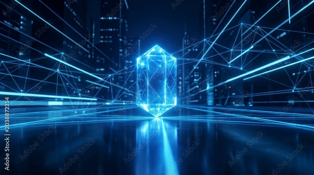 Obraz premium Glowing blue crystal in futuristic city with network lines