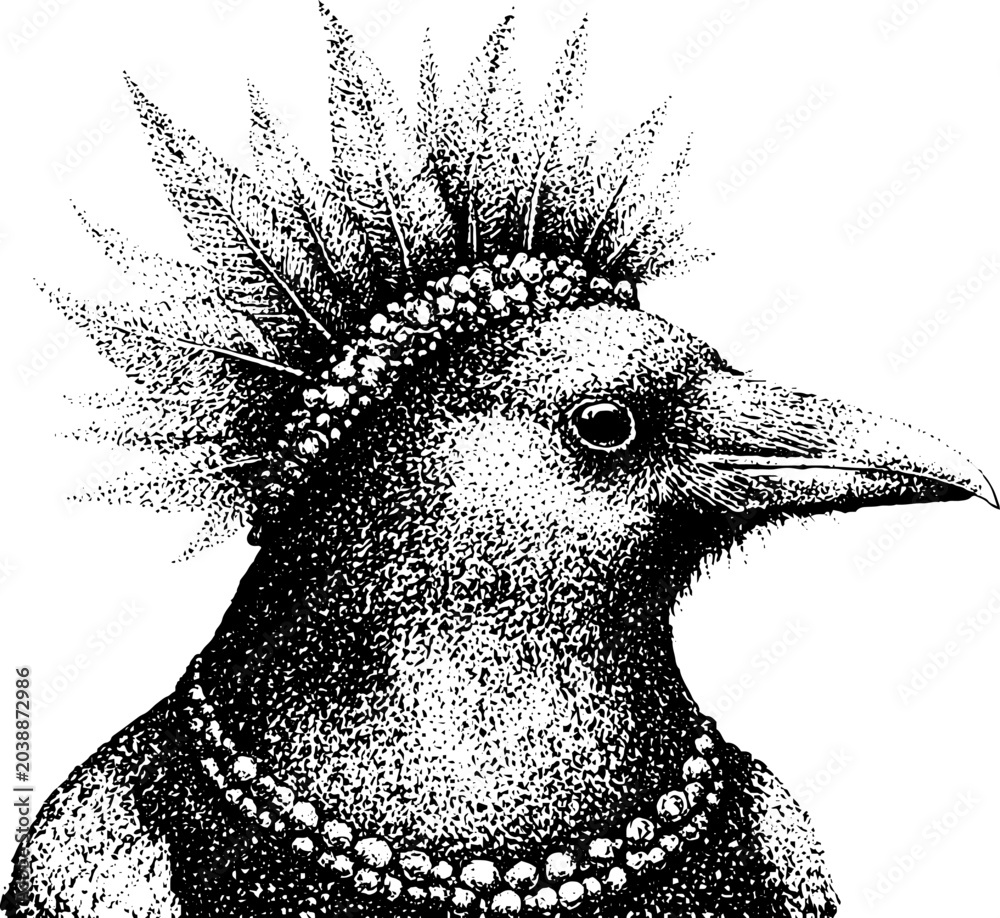 Fototapeta premium Crow wearing beaded necklace and spiky crown on white background