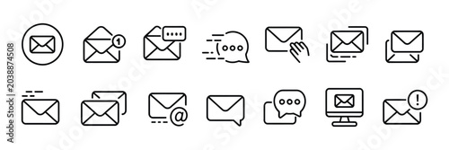 Bild auf Leinwand Social media message thin line icons showcasing inbox, messaging, reply, favorite, contact, and notification symbols for social networking and communication platforms