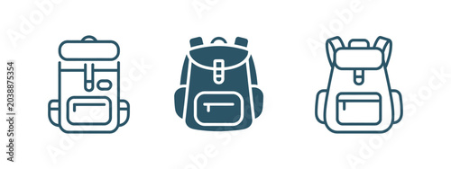 Картината върху платно School backpack rucksack icon set for travel and education in outline solid and