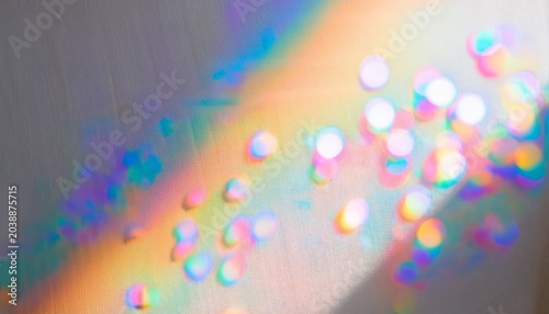 dreamy holographic rainbow light refraction texture overlay with abstract soft bokeh effect on a white wall organic prismatic glow and natural shadows