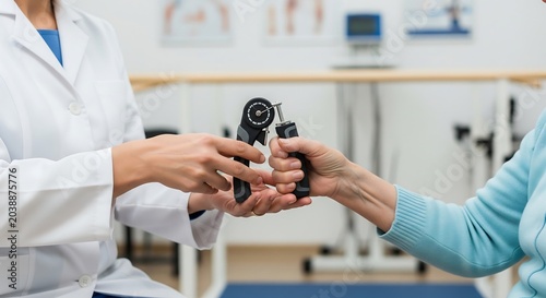 A physical therapist demonstrates how to use a hand dynamometer to an elderly patient in a clinic setting.
