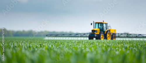 Yellow tractor spraying crops in field
