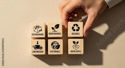 Hand arranging wooden blocks with eco-friendly symbols representing sustainable business practices and environmental responsibility.