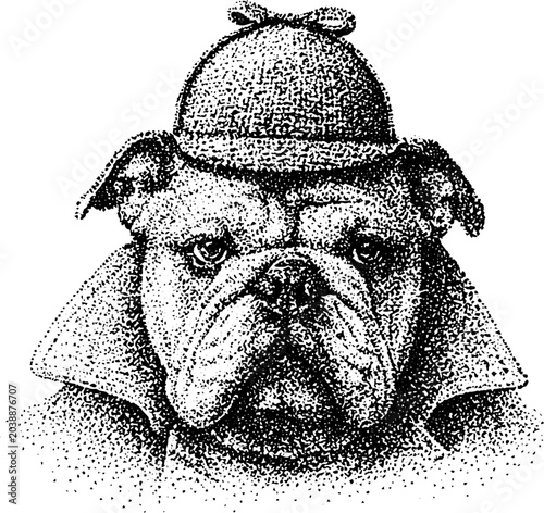 Bulldog wearing deerstalker hat on white background