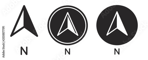 Foto North direction icon set, compass navigation symbols, north arrow indicators, map and location signs, downward arrow icons, modern vector illustration for digital interface design