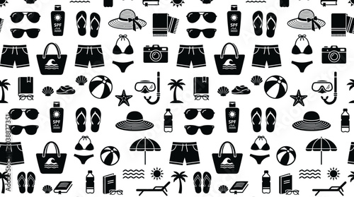 Foto Beach vacation icons showcase various summer items on a sunny day