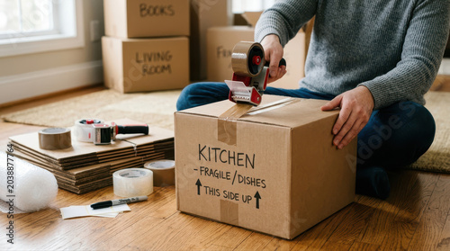 Housing moving checklist concept. Person packing kitchen items into a cardboard box with tape in a home setting.