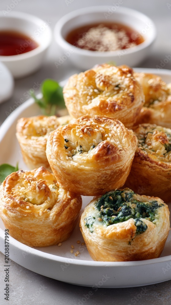 Fototapeta premium Savory puff pastry bites with spinach and cheese for party appetizer platter and menu background, stacked golden hors d'oeuvres for catering and brunch service