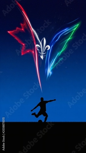 Man runs with colorful kite in night sky with city lights