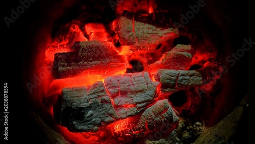 Glowing Hot Charcoal, Burning Red Embers Background
