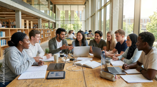 A diverse group of students collaborating around a table, engaged in discussion and sharing ideas in a bright, modern study space.