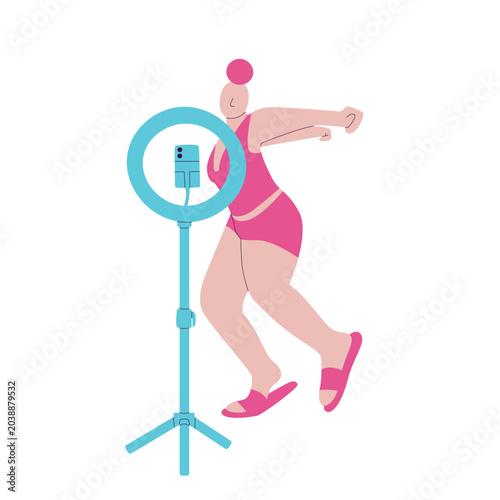 Vector illustration of woman dancing in front of ring light with smartphone, arms pulled back, knees slightly bent, dynamic pose while filming herself, minimal flat style