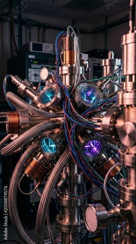 Complex scientific experimental apparatus with glowing elements