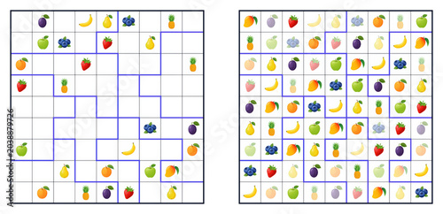 Jigsaw sudoku logic puzzle game with fruits and berries answer. Educational math worksheet for decoding irregular grid geometry with cute food icons strawberry, apple, banana for school and kids.