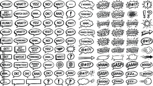 Photos Hand drawn comic book speech bubbles and sound effects collection vector illustr