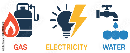 Tableau sur toile Utility supply icons showcasing gas, electricity, and water distribution symbols for public utilities, engineering services, and infrastructure applications