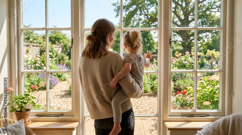 A mother holds her child as they admire a vibrant garden view through a large window on a sunny day.