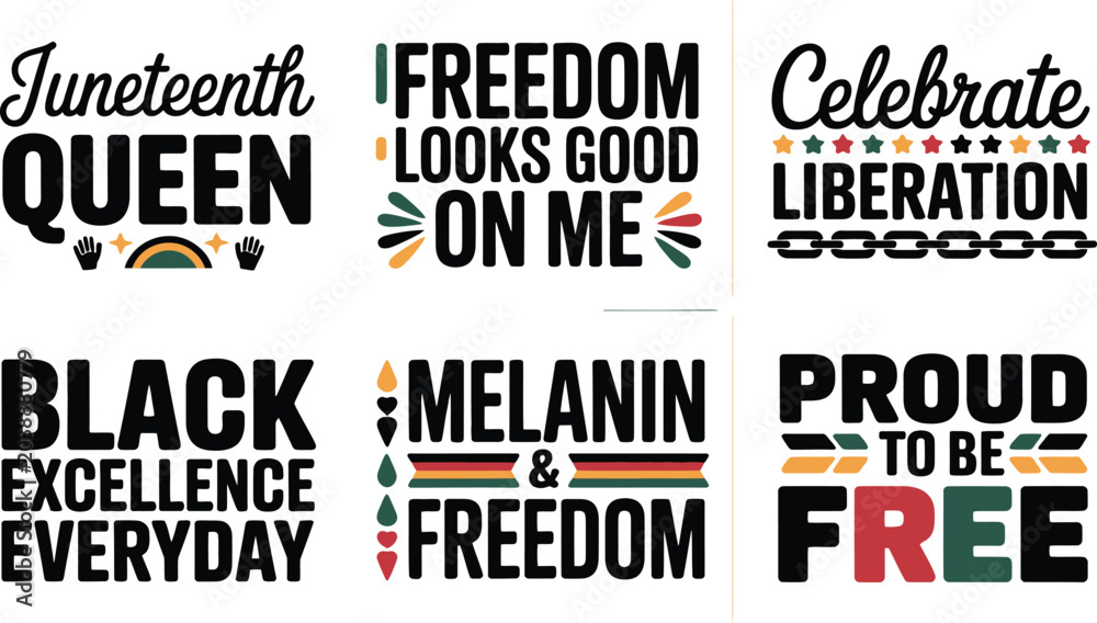 Fototapeta premium A collection of six distinct Juneteenth themed typography designs featuring proud inspirational.