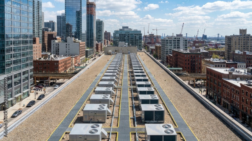 Obraz premium Rows of industrial HVAC units on a flat urban rooftop overlooking a city skyline.