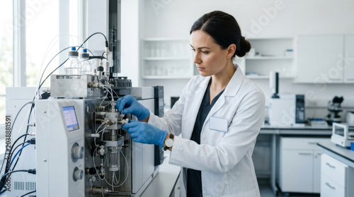 Female scientist in a lab coat working with advanced laboratory equipment, focused on her task in a modern laboratory setting.