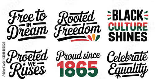 Schilderij op canvas A collection of six distinct Juneteenth typographic designs featuring bold slogans for black