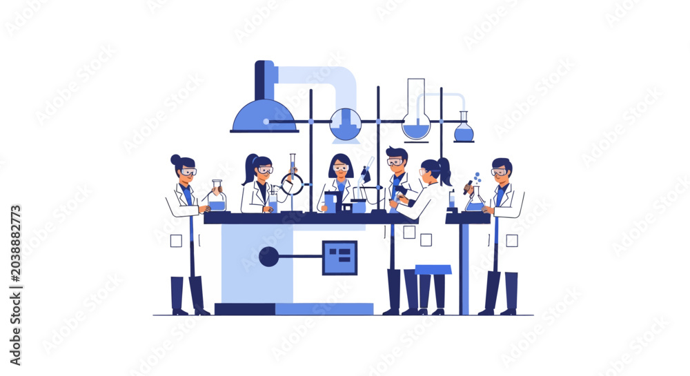 Fototapeta premium Team of Diverse Scientists Working in Modern Laboratory Flat Vector Illustration. Professional Research and Development Concept with Lab Equipment and Glassware.