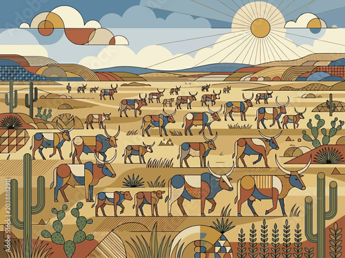 Foto Geometric Southwestern Desert Landscape Illustration with Herd of Longhorn Cattl