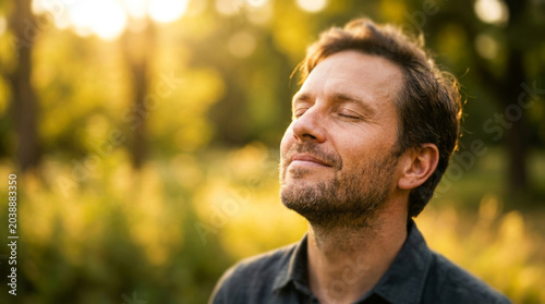 A contemplative middle-aged Caucasian man enjoys the tranquility of nature during sunset, eyes closed, and a peaceful smile on his face.