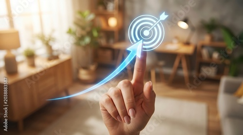 Hand touching digital target with glowing arrow for success