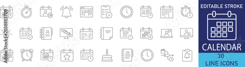 Calendar and scheduling line icon set. Vector symbols for time management, event planning, deadline reminder, and business agenda organizer.