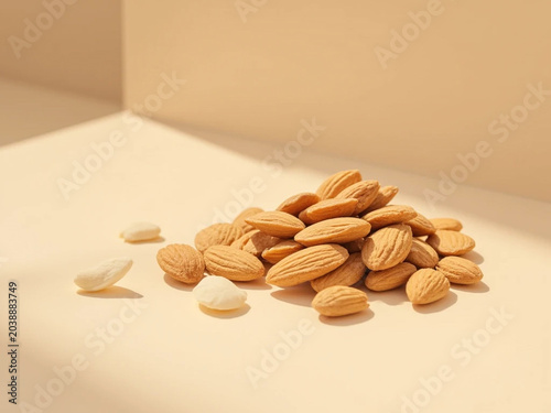 A pile of almonds on a surface with some scattered around