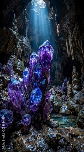 Sunlit cave with glowing amethyst crystals