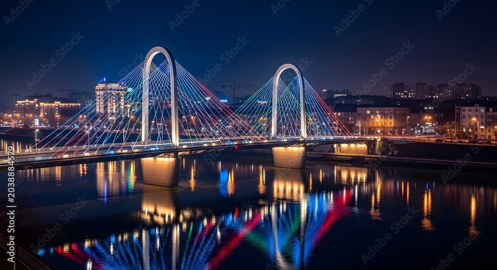 Fototapeta premium Modern cable stayed bridge illuminated with multicolored neon lights at night. Urban infrastructure development. City architecture reflecting vibrant rainbow colors on a calm river.