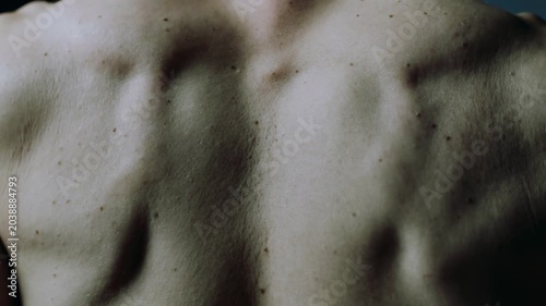 Close up of man back muscles contracting during physical exercise