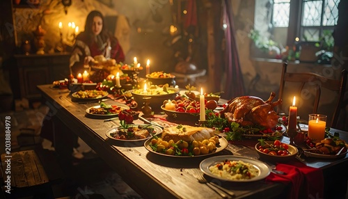 Lavish feast laid out on a long wooden table, illuminated by numerous candles and prepared by a woman
