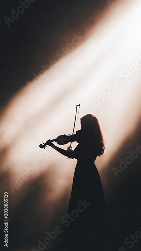 Young adult woman in silhouette playing the violin under dramatic stage lighting, highlighting her hair
