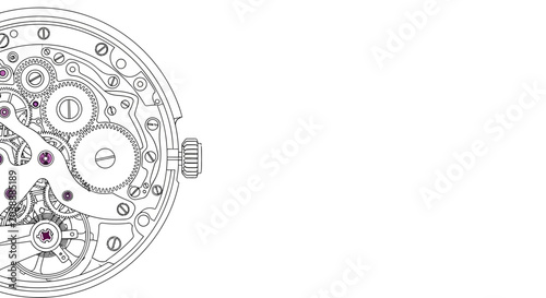 Foto Detailed technical line drawing of a mechanical watch movement.