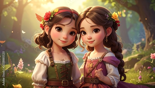 Identical twin girls dressed in folklore-inspired attire stand closely in a sunlit forest