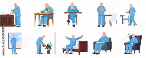 Картината върху платно Senior man in blue pajamas morning routine set, elderly character doing various