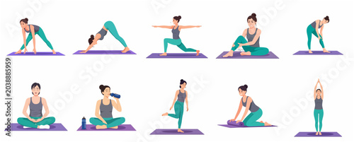 Konstfotografi Set of Flat Illustrations Showing a Woman Practicing Yoga Poses, Dealing with Mu