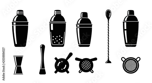 Bartending Tools Silhouette Collection: Shakers, Strainers, Jigger, Spoon